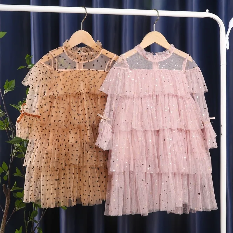 Spring 2022 New Girl Star Sequin Shining Long Sleeve Tutu Cake Princess Dress Baby Fairy Long Sleeve Lace Tutu Dresses Kid Cloth