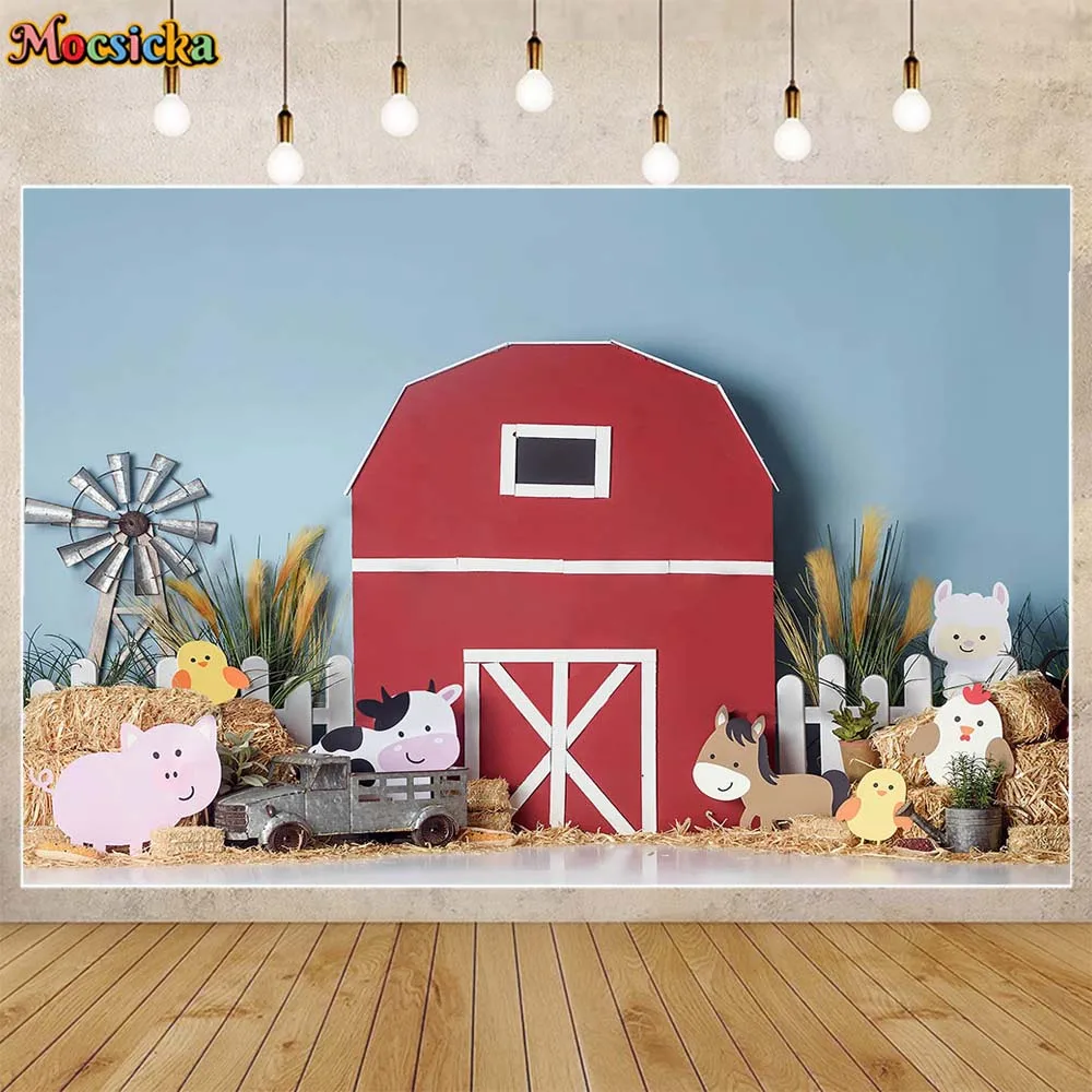 

Mocsicka Newborn Photography Backdrops Red Barn Farm Blue Wall Baby 1st Birthday Cake Smash Party Photo Backgrounds Studio Props