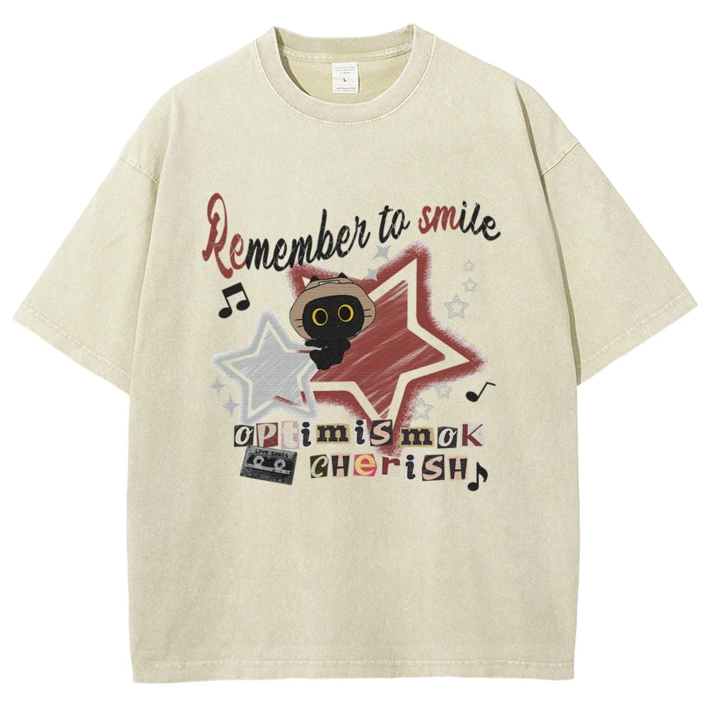 

Remember To Smile Unisex Vintage Washed Tee, Cheerful Cat Music T-shirt, Optimism Ok Cherish Shirt