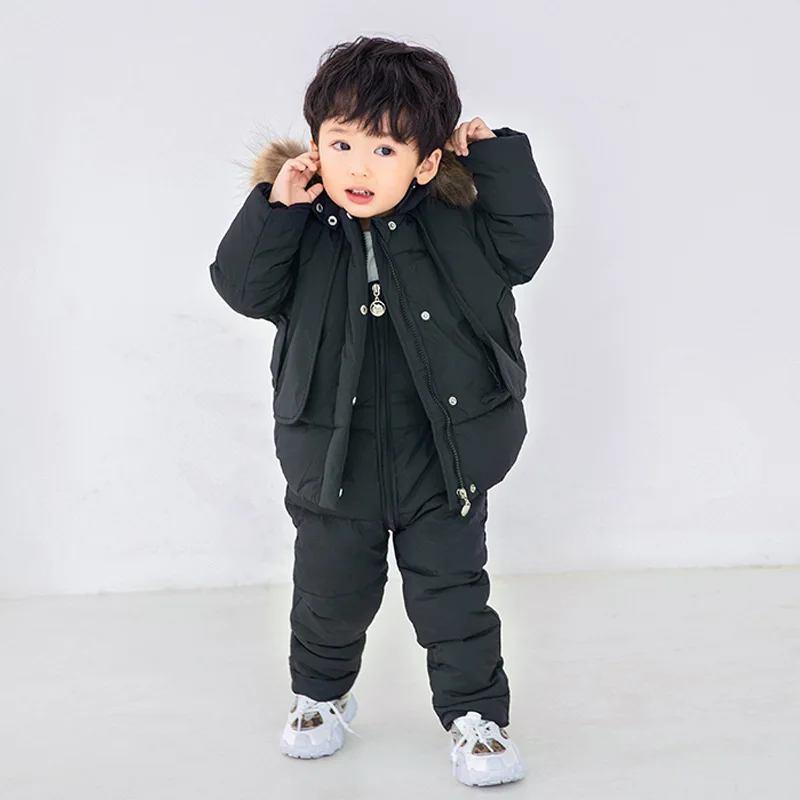 2023 New Winter 2 3 4 6 8 Years Fur Hooded Jacket+Overalls Suit 2Pcs Duck Down Children Clothing Set for Baby Kids Girls Boys