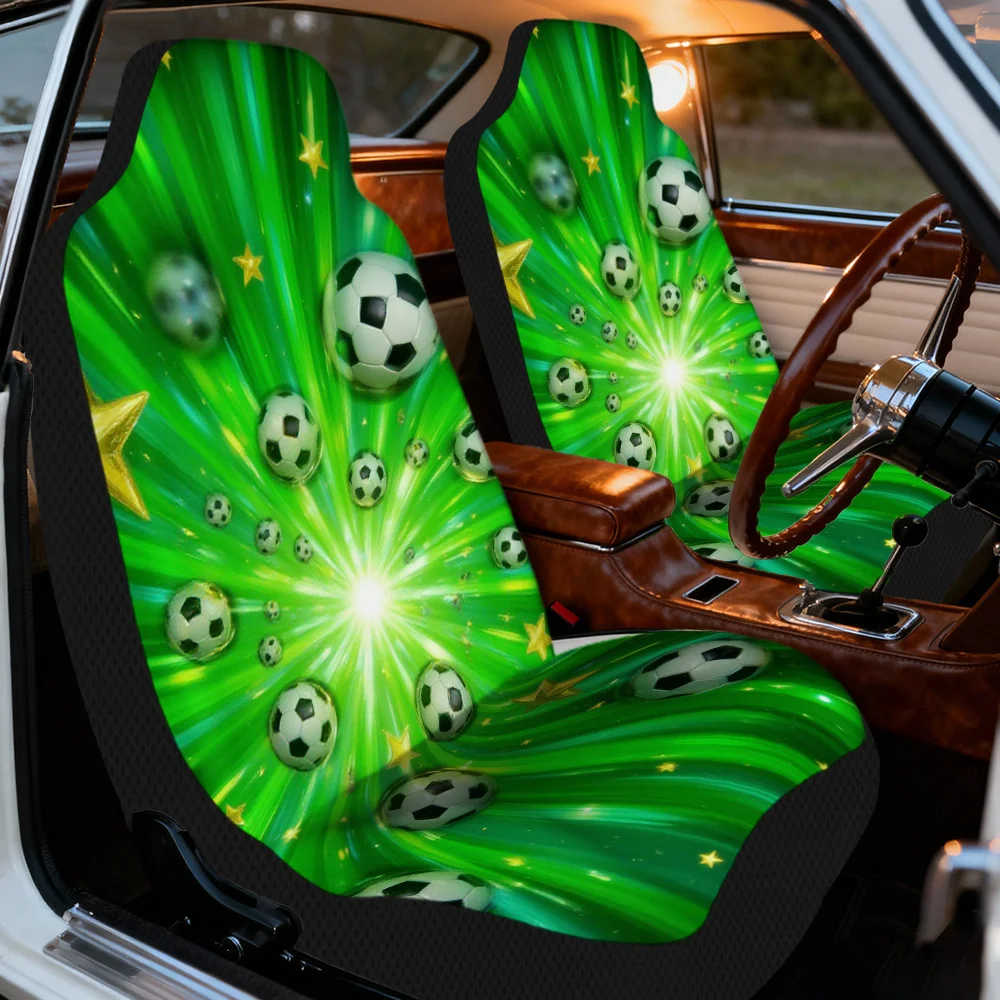 2D Flat Printing, 2pcs Modern Soccer Stars On Green Print Car Seat Covers, All Season Use And Easy To Install, Universal Fit For