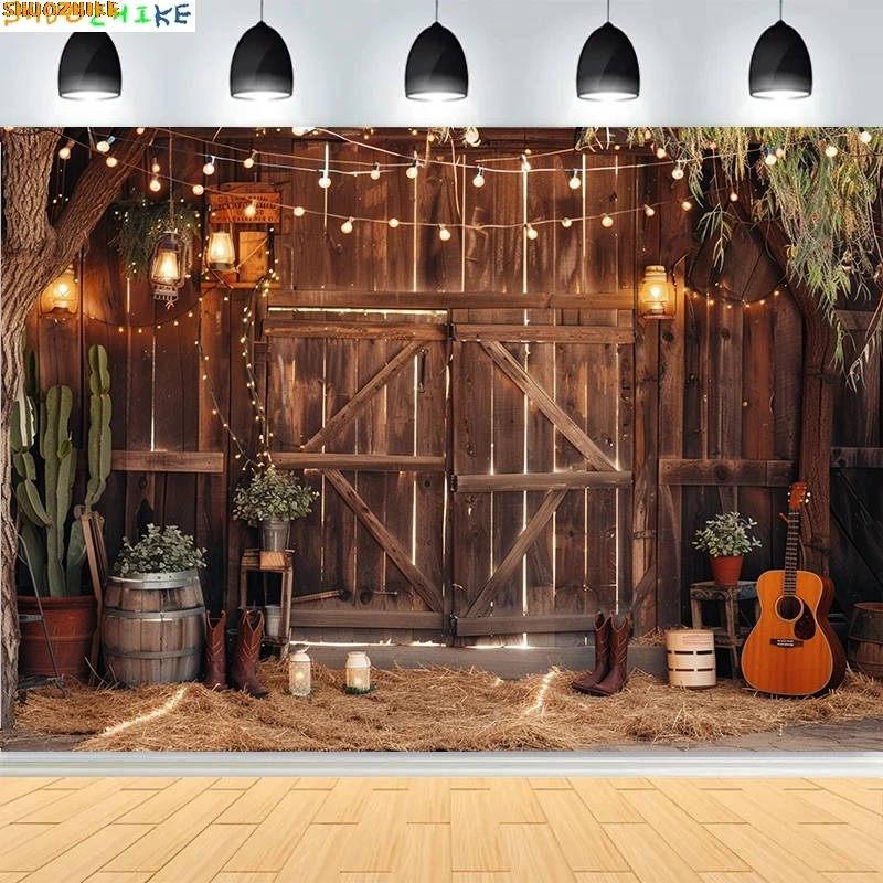 

Western Cowboy Charm of the Countryside Rustic Barn Door Photography Backdrops Hay Bales Wheel Candles Farm Background CO-01
