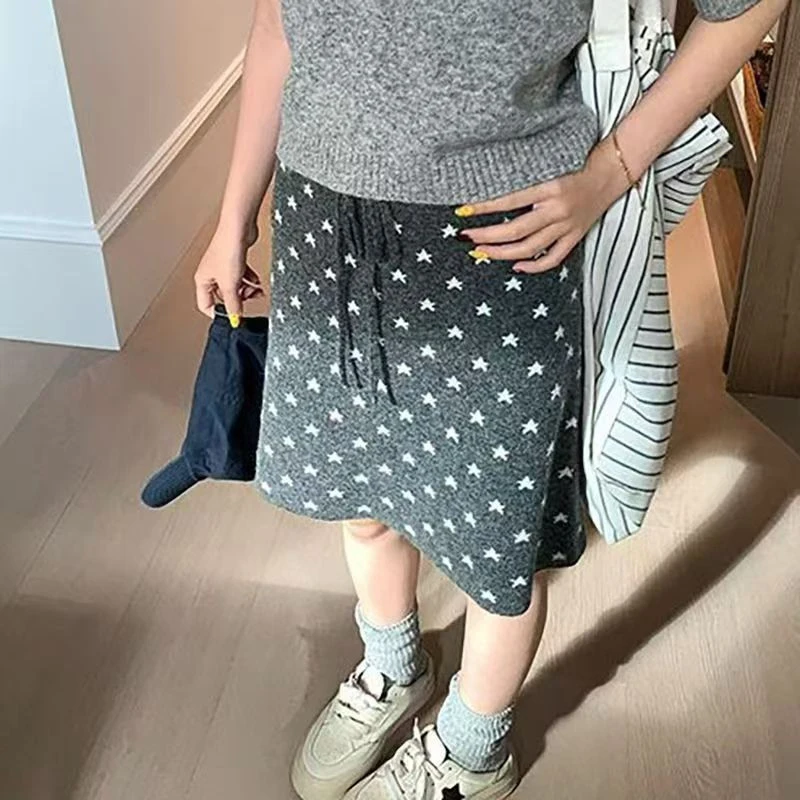 Vintage Star Knitted Mini Skirt Women Casual Drawstring A Line Gray Skirt Spring Autumn Retro Y2K High Waist All Match Skirt New
