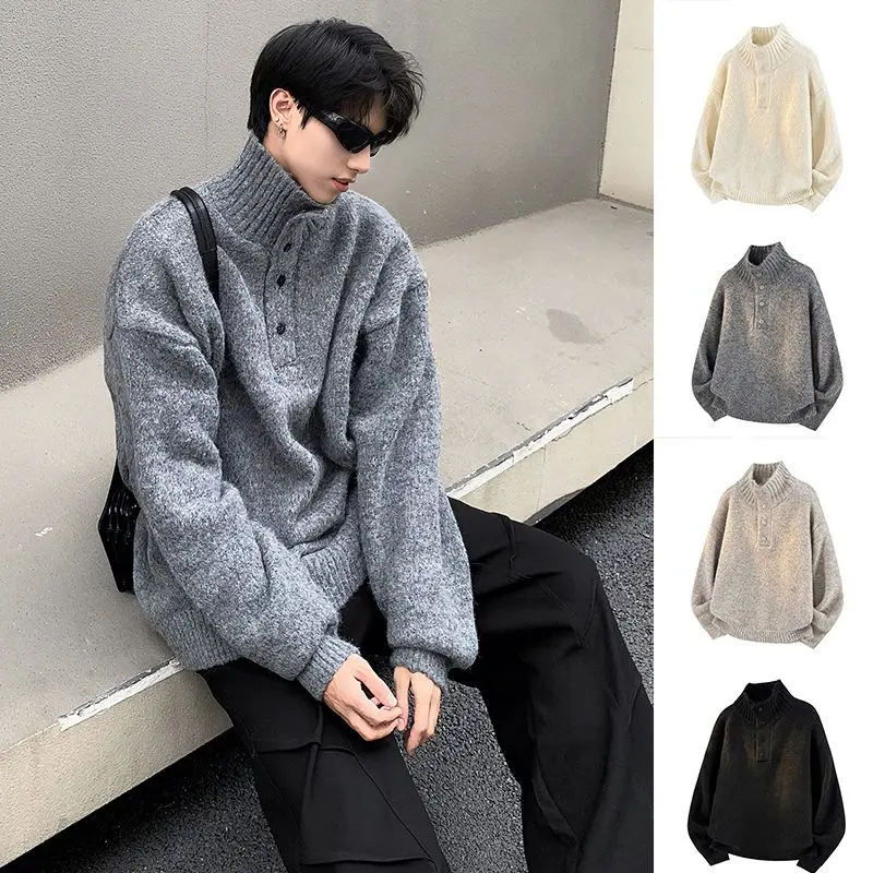 Henry Collar Breasted Knitted Sweater Men's Turtleneck Autumn And Winter Warm Outside With Loose Lazy Wind