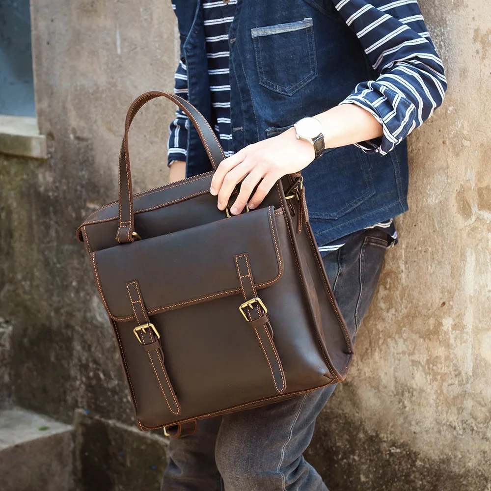 S.WORKER Echtleder-Umhängetasche für Herren, 2-Wege-Tasche, umwandelbar in Schulter- und Rucksacktasche, handgefertigte Herrentasche aus Rindsleder. – Detail 6