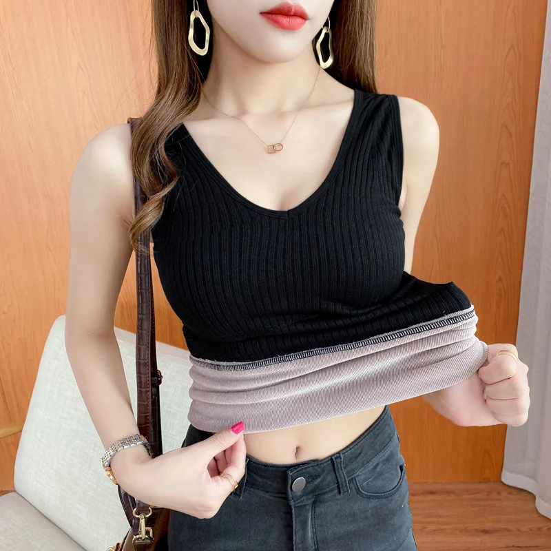 Winter Plus Velvet Thicken Keep Warm Camisoles Women Solid Padded V-Neck Back Closurebasic Tube Comfortable Lingerie（80g-130g）