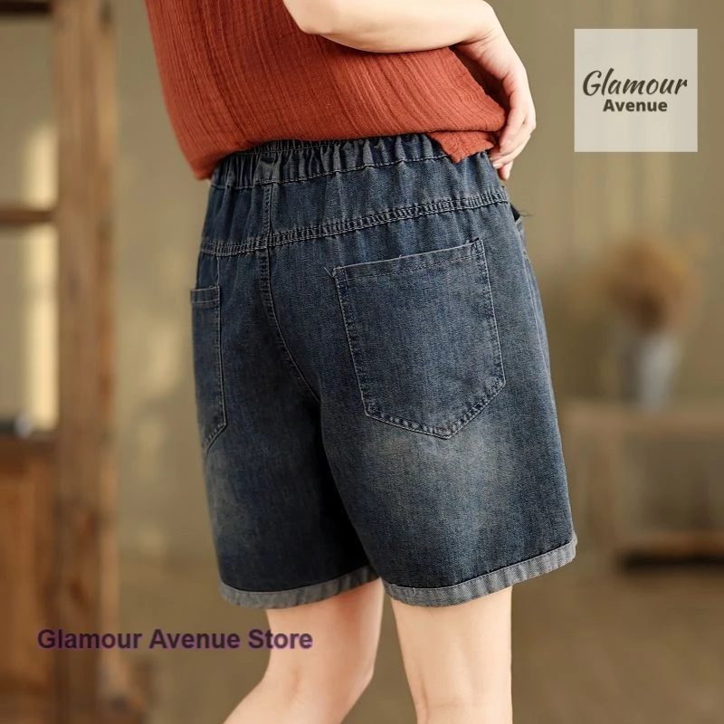 Nuovi pantaloncini tascabili in denim con ricamo letterario retrò cinese nuova estate nuovi pantaloni casual a quattro punti larghi e sottili in vita elastica