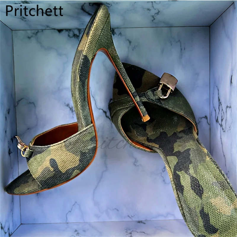 

Metal Lock Camouflage High Heeled Slippers for Women Sexy 12Cm Heels Pointed Toe Stiletto Runway Shoes Ladies Summer Sandals