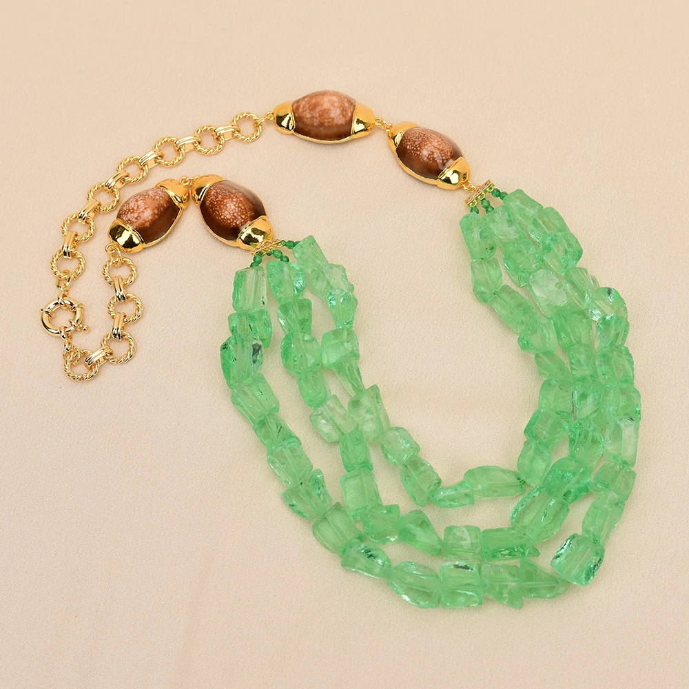 GG 3 Strands Natural Gold Plated Coffee Color Shell Green Glass Quartz Nugget Handmade Necklace