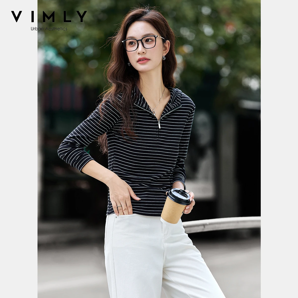 

VIMLY Woman Fashion White Striped T-shirts Hooded Long Sleeve Tees Autumn 2025 Zipper Knit Slim Ladies Top Female Clothing A2122