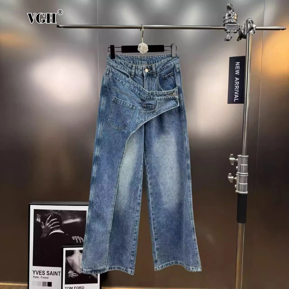 

VGH Fake Two Piece Set Jeans for Women High Waist Patchwork Buttons Washed Fashionable Basics Straight Leg Trousers Female New