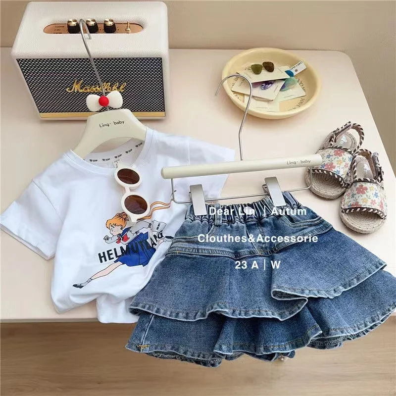 Korean Children\'s Clothing Set For Girls 2024 Summer New Sweet Cotton Cartoon Short Sleeve T-shirt Denim Skirt Two Piece Set