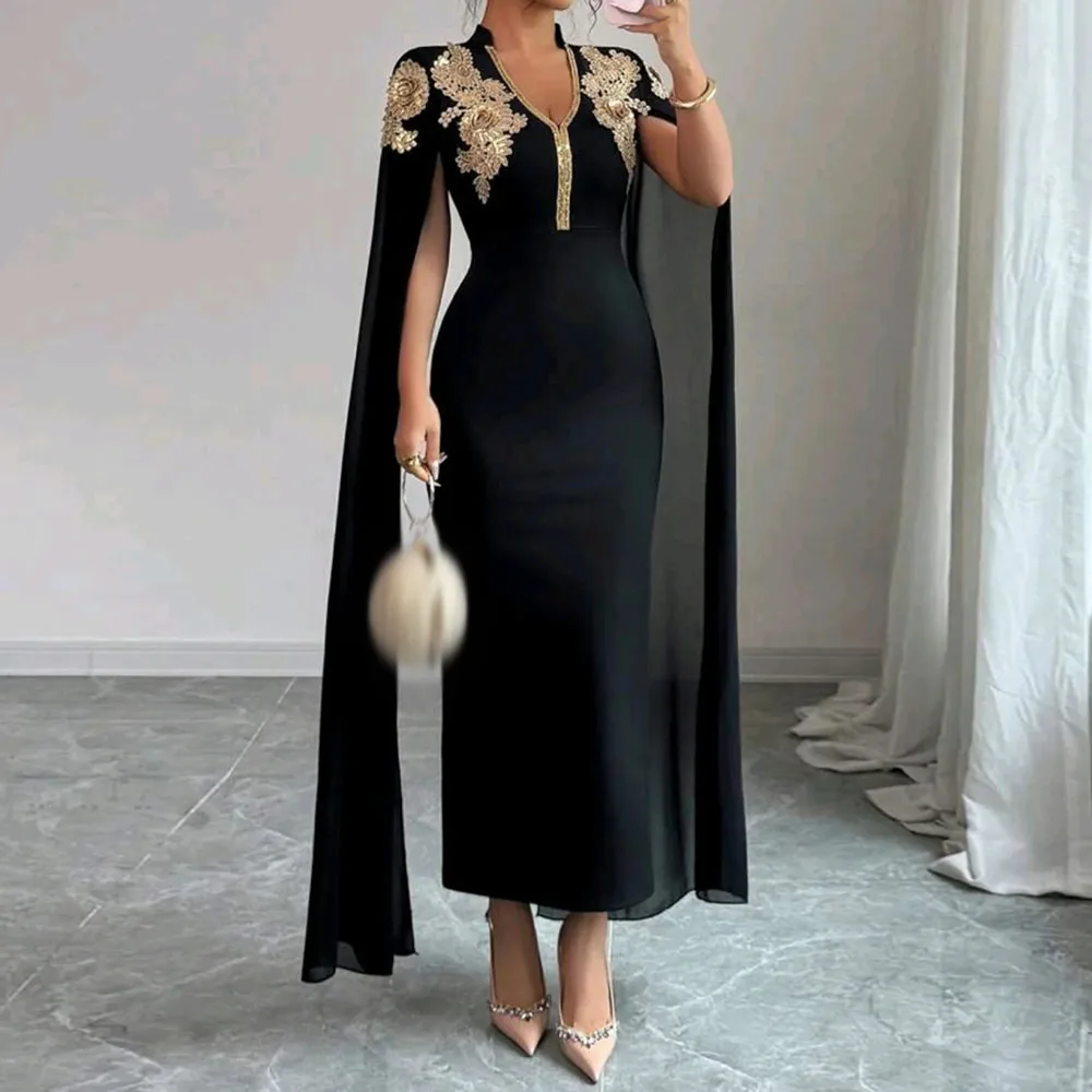 

Customized Straight Evening Dresses Ankle-length V-neck Sleeveless Prom Gown Fashion Sequined Simple Stole Draped Party Gown