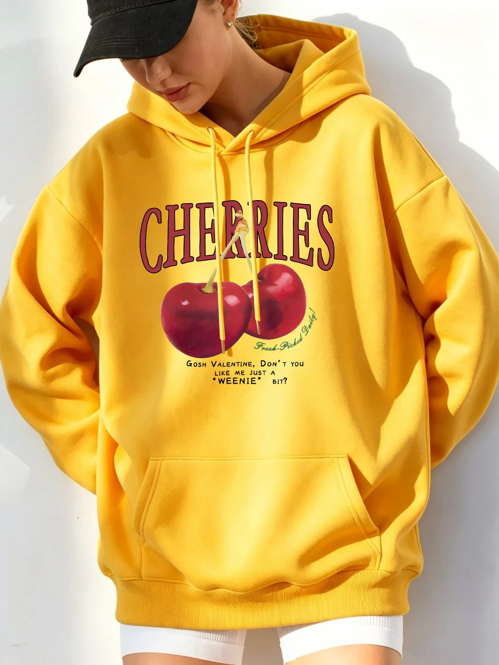 Fresh Red Cherries Printing Hoodies Womens Winter Fleece Warm Sweatshirt Casual Loose Pocket Pullover Basics Jogging Clothes
