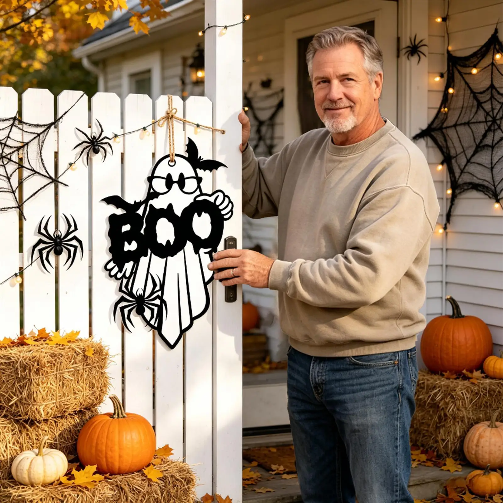 Halloween Front Door Sign Cute Holiday Wall Decor Wooden Ornament Halloween Ghost Boo Door Hanger For Indoor Outdoor Home Office