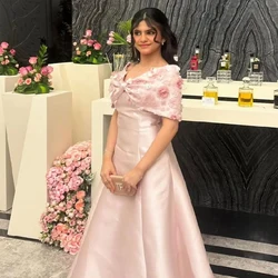 Customized Simple Pink Satin A-line Evening Dress Off the Shoulder Sleeveless Party Gown Flower Appliques Floor Length Prom Gown