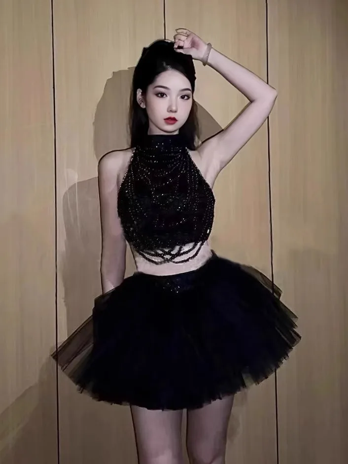 New Black Stage Performance Suit Sexy Skirt Bar Performance Women's Group Show Off-Shoulder Sparkling Fabric Summer 2025