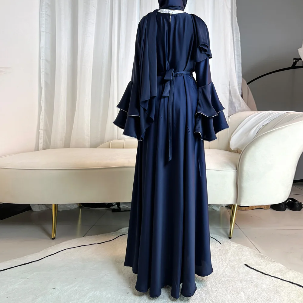 

Dubai Eid Ramadan Party Dress for Women Muslim Abaya Diamond Flare Sleeve Long Dress Belt scarf Morocco Kaftan Vestidos Jalabiya
