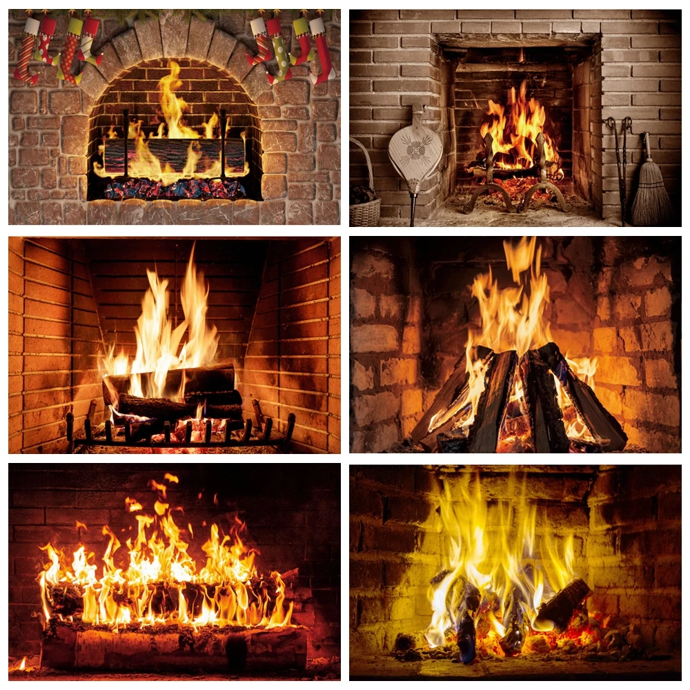 Winter Burning Firewoods Backdrop Christmas Brick Wall Fireplace Flame Wood Baby Portrait Photography Background Photo Studio