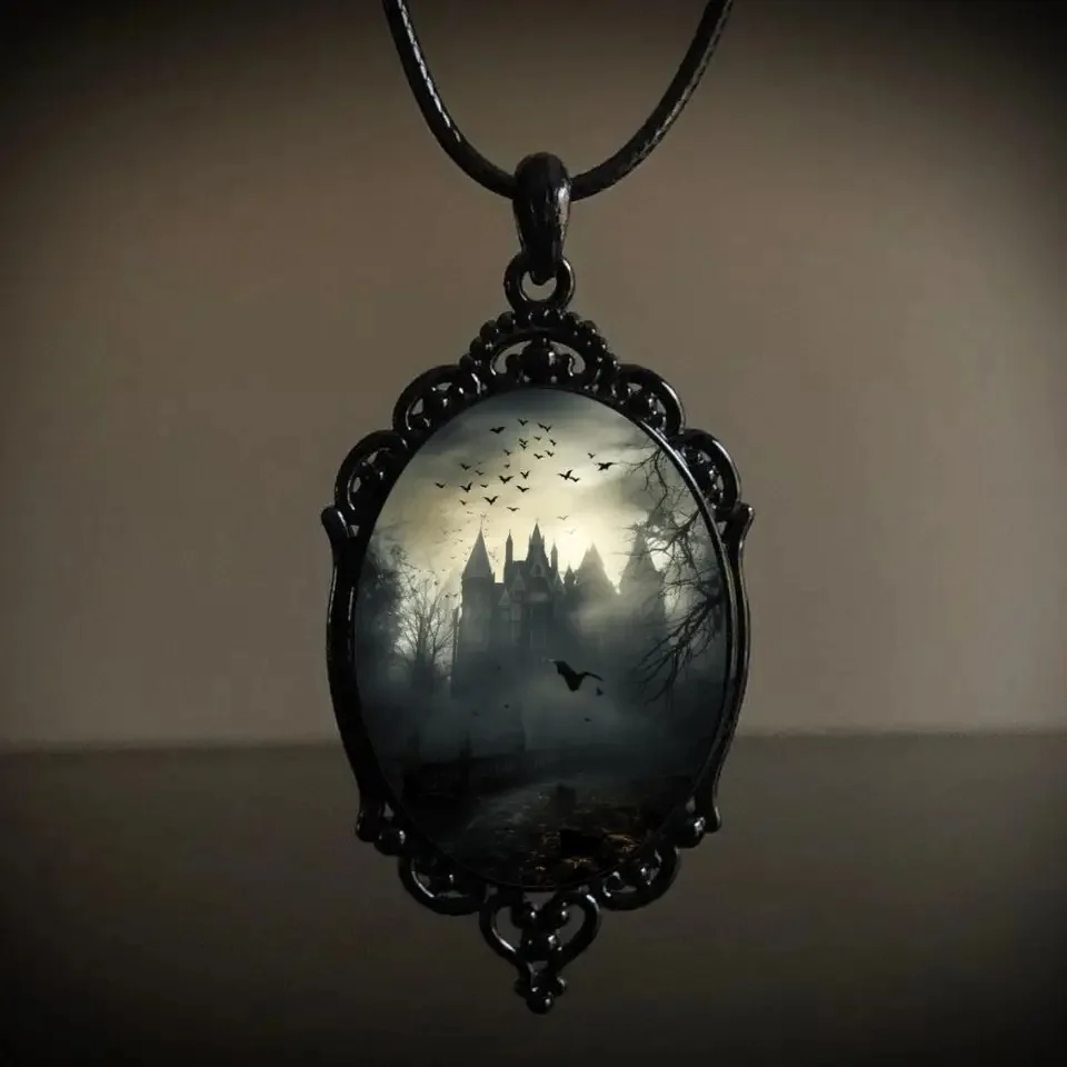 Gothic Retro Castle Cameo Necklace For Women Man Fashion Pagan witchcraft Jewelry Crow Bat Ruin Castle Cameo Rope Chain Necklace