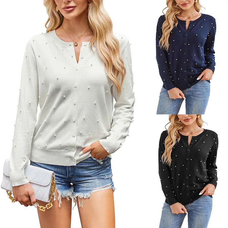 Fashion Solid Long Sleeve Threaded Cardigan Women's Elegant Beaded Round Neck Button Sweater Tops Autumn Winter Female Clothing