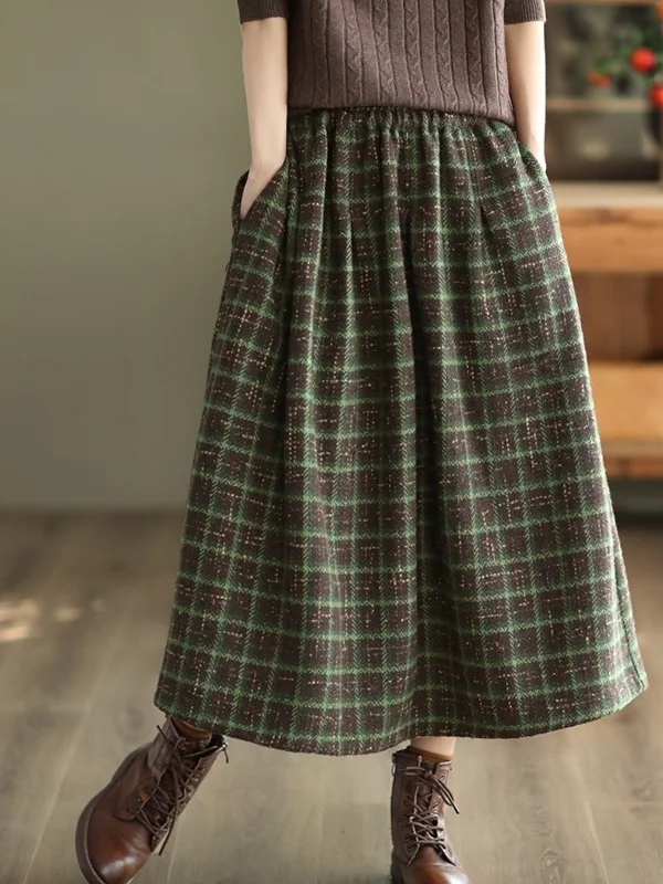 

Ретро твидовая клетчатая юбка-миди трапециевидной формы для похудения с высокой талией, корейские брендовые женские модные весенне-осенние юбки