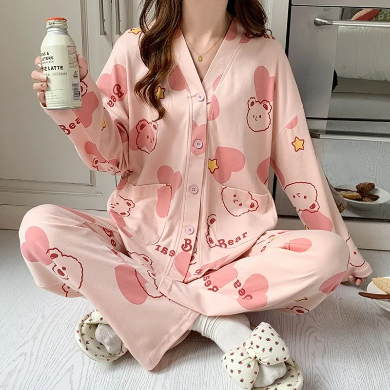 Bear Star Pajamas Set Women Long Sleeves Long Pants Autumn Winter Cute Kawaii Sleepwear Woman Pyjamas Girls Pijamas Soft Cozy Pj