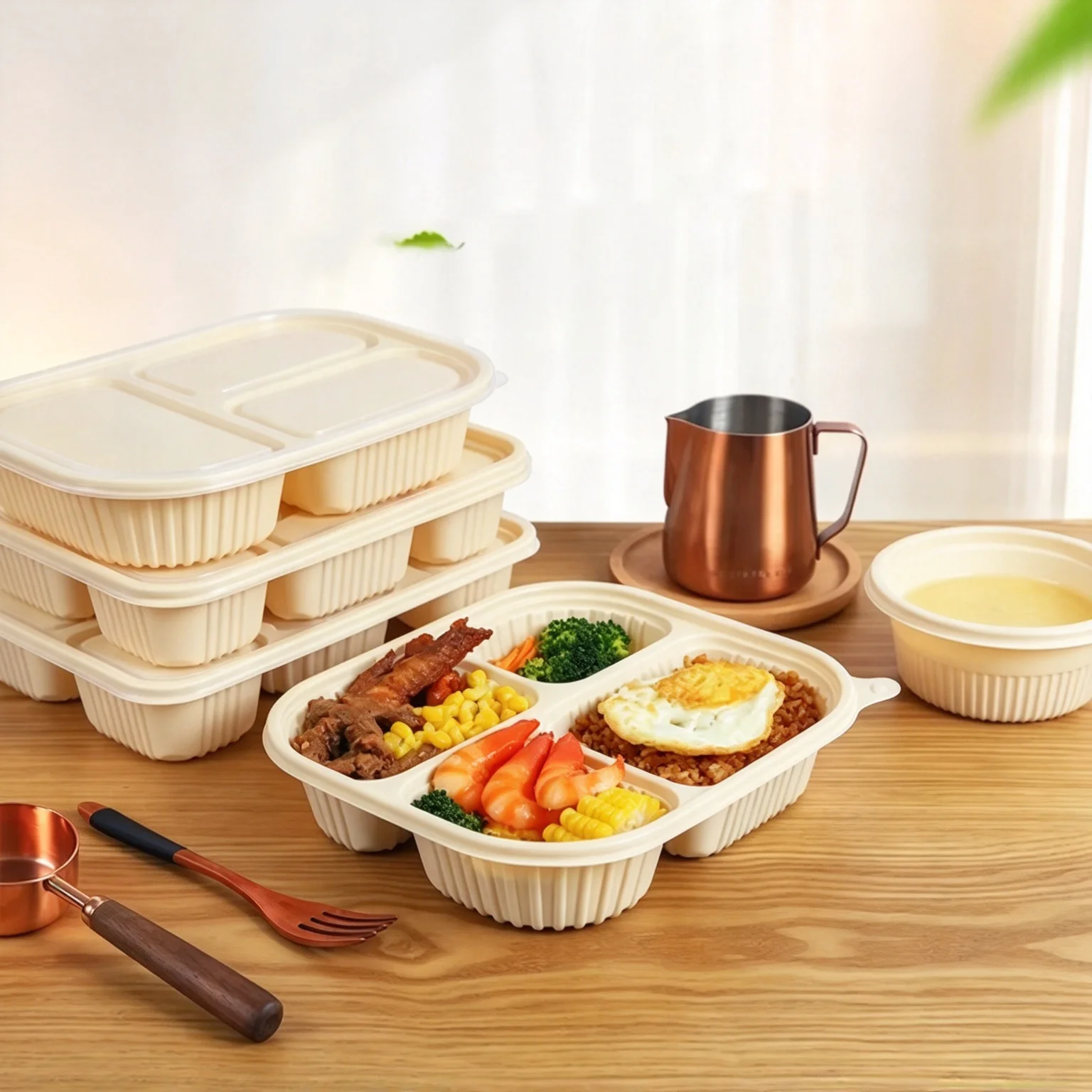3/4/5 Compartment Corn Starch Lunch Boxes Disposable Compostable Food Containers with Lids Microwavable Takeaway Meal Trays