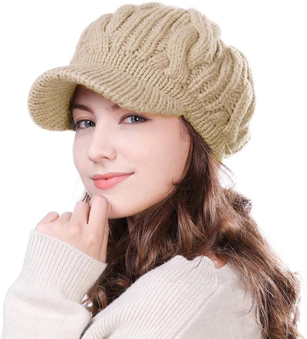 Women's Wool Knitted Acrylic Fibres Visor Beanie Winter Hat for Women Newsboy Cap Warm Soft Lined