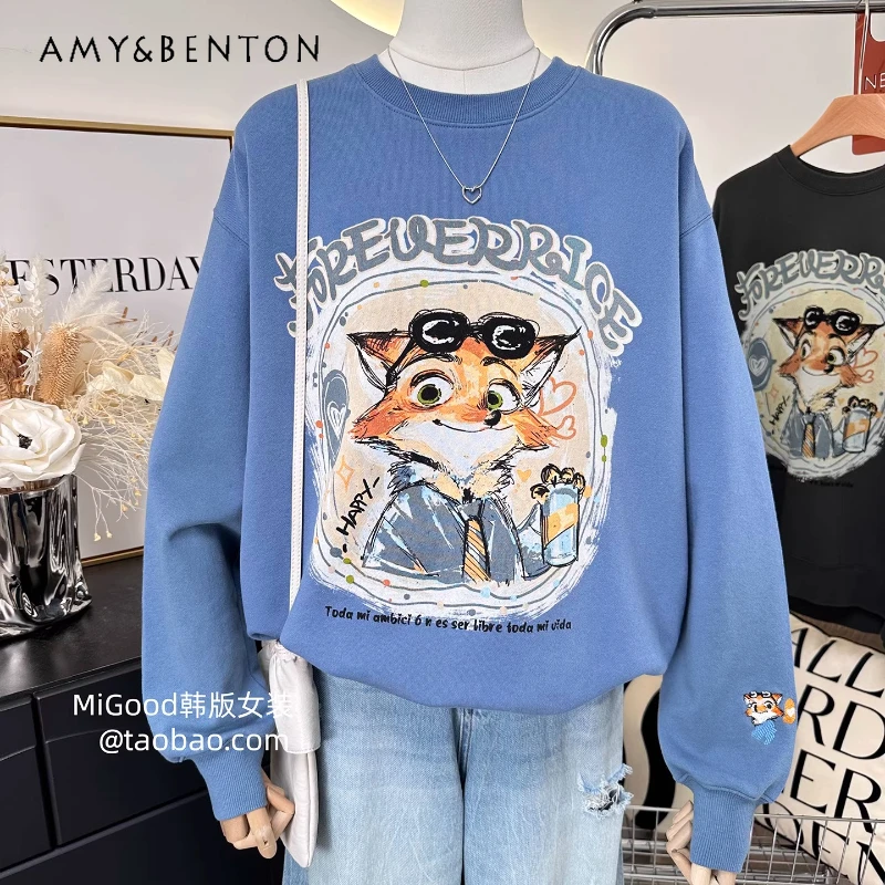 

New Korean Style Casual Fashion Cartoon Loose Oversize Pure Cotton Sweatshirt Ladies 2025 Autumn Long-sleeves Hoodies Jacket Top