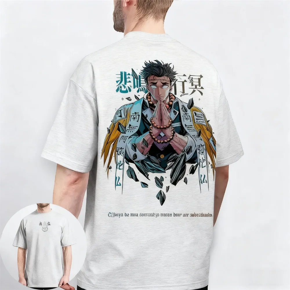 2026 Demon Slayer Gyomei Himejima periférico Camiseta de manga corta suelta Casual hombres High Street versátil niños Top para padres e hijos