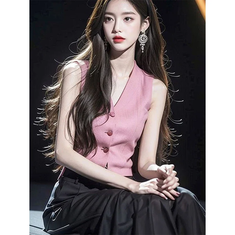 French Fashion V-neck Slim Pink Waistcoat Women Sexy Top Vintage Office Lady Sleeveless Shirts Korean Fashion Trend Kawaii Tops