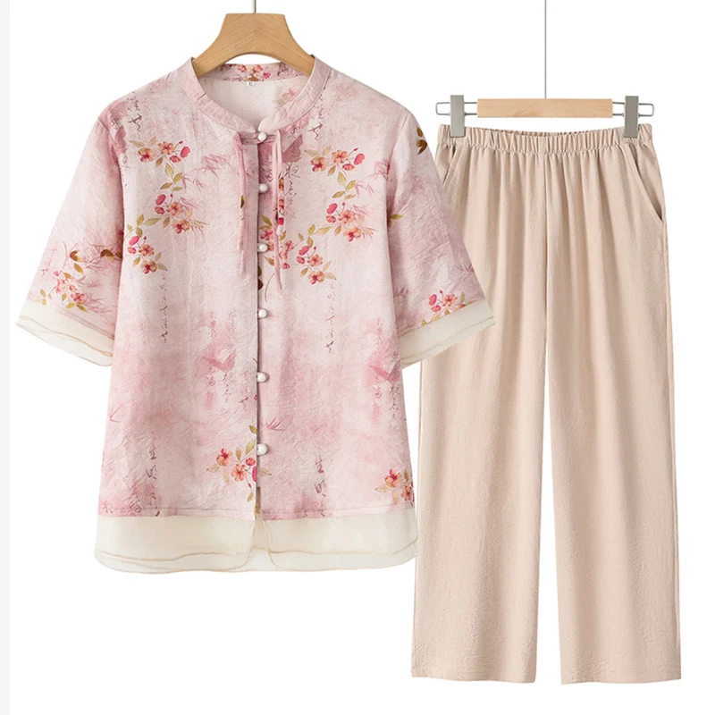 New Chinese Style Printed Tang Suit Traditional Casual Uniform Summer Short Sleeved Cardigan Pants Outfit Vintage Button Hanfu