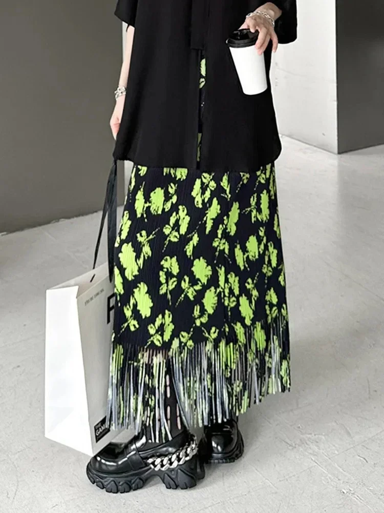 

Fashionable and Stylish High Waisted Green Printed Pleated Fringe Skirt for Women's Clothing 2024 New Spring and Autumn