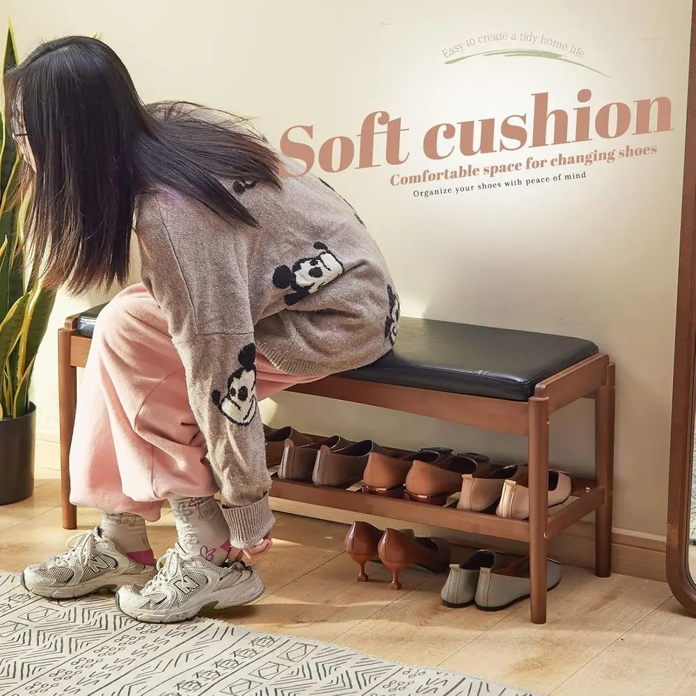 مقعد رف أحذية من الخيزران بطبقتين مع وسادة جلدية للمدخل والممر وغرفة المعيشة وغرفة النوم (قمة سوداء، إطار بني)