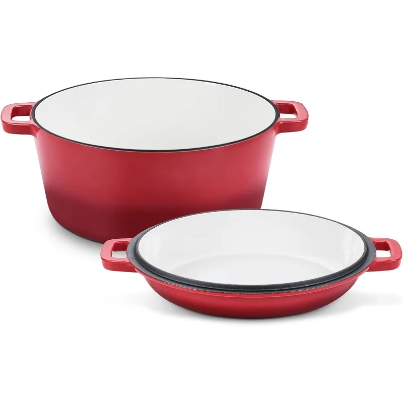 

2-In-1 Enameled Cast Iron Dutch Oven, 5 Quart Dutch Oven Pot Cookware with Skillet Lid for Bread Baking Braising Stewing