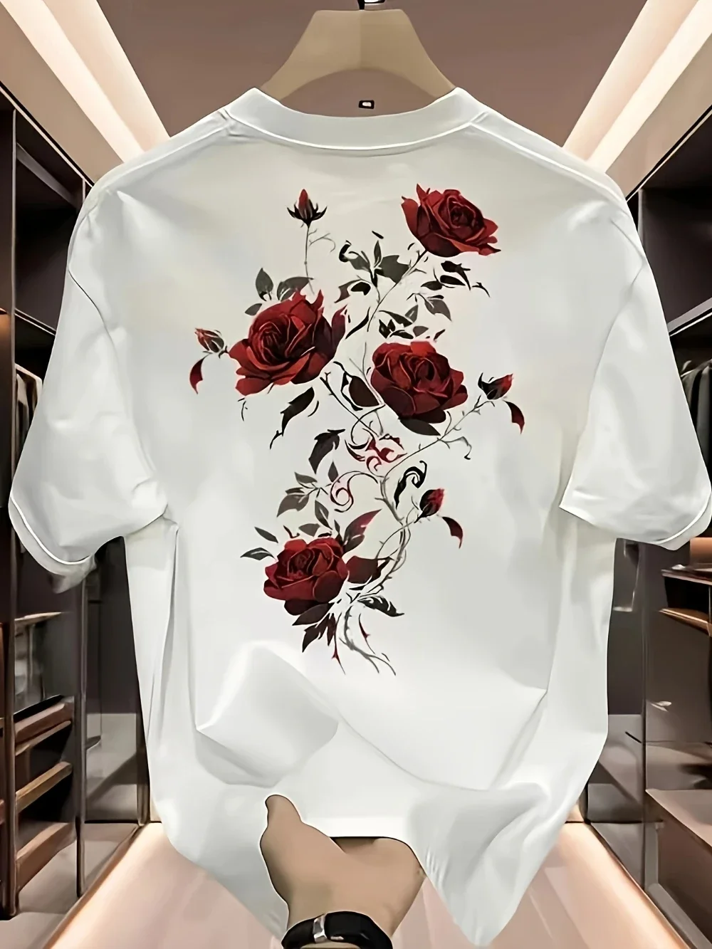 2026 Neues Sommer-Herren-T-Shirt — 100% Reine Baumwolle, Bedrucktes Rotes Rosenmuster, Vielseitig, Locker Geschnitten, Trendig, Hochwertiges T-Shirt – Detail 2