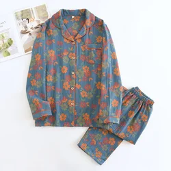 2026 New Spring and Autumn Women's Pajama Set 100% Cotton Jacquard Collar Flower Long Sleeve Long Pants Two Piece Home Clothes