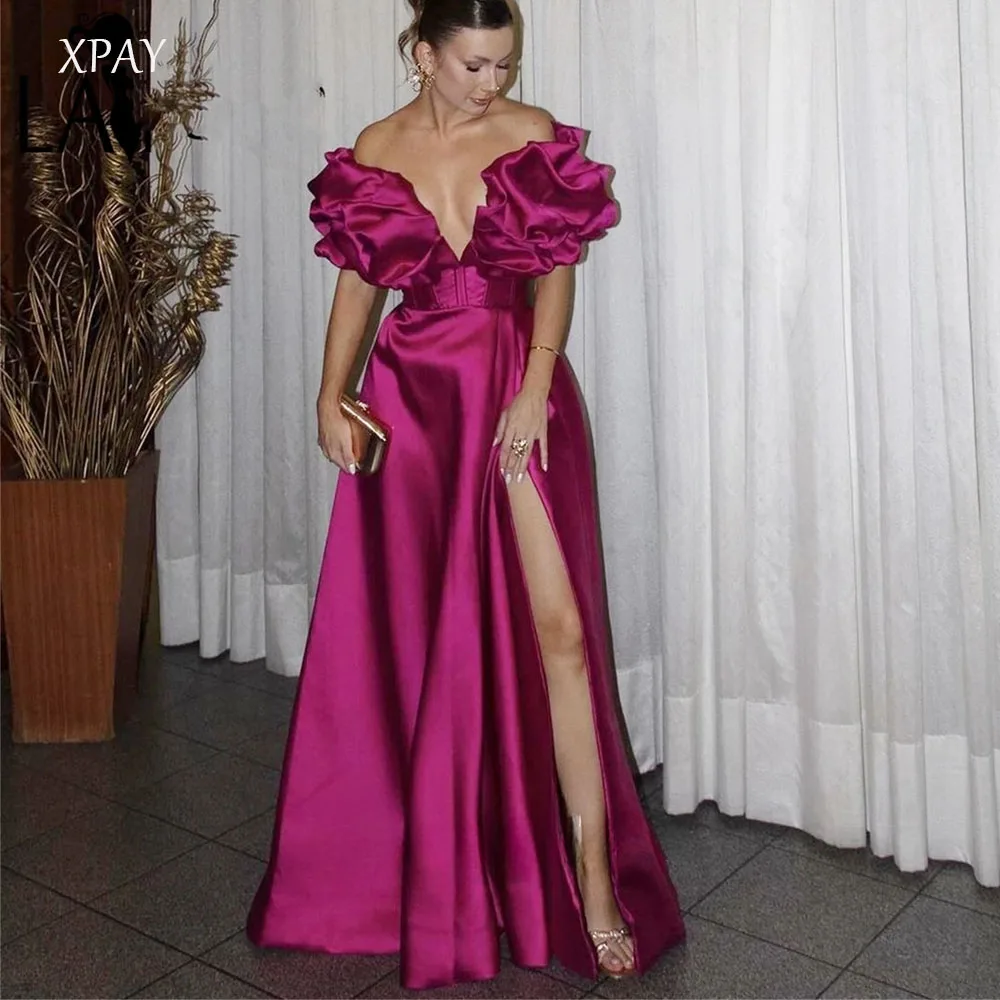

XPAYSexy Rose Red Satin Prom Dress Evening A-line Side High Slit Cuff Party Long Dresses for Formal Occasions Luxury Customized