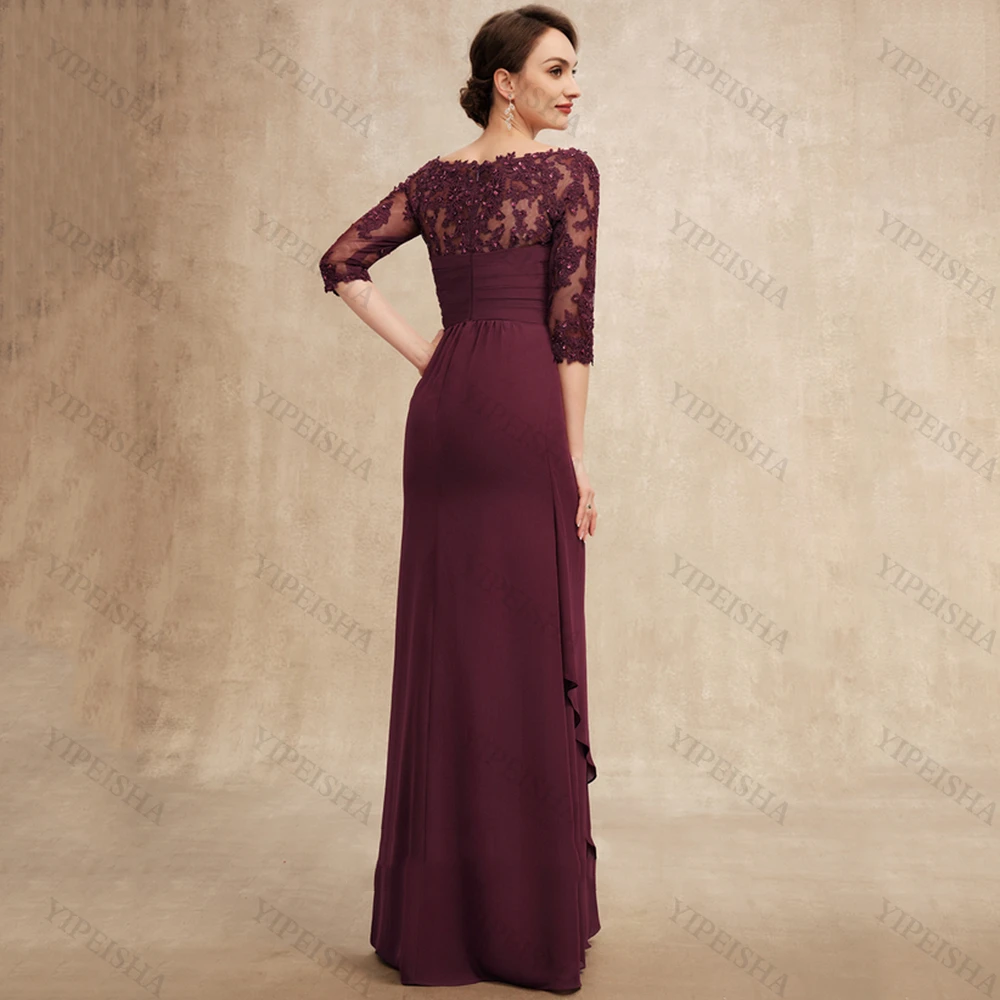 Scoop Neck Breite taille Burgund Mutter Der Braut Kleider Halb Hülse Spitze Appliques Pailletten Chiffon Lange Hochzeit Prom kleid