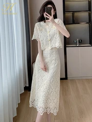 H Han Queen Summer Lace Skirt Suit Women Elegant Korean Fashion Short Sleeve Top + Midi Skirt Casual Evening Party 2-Piece Set