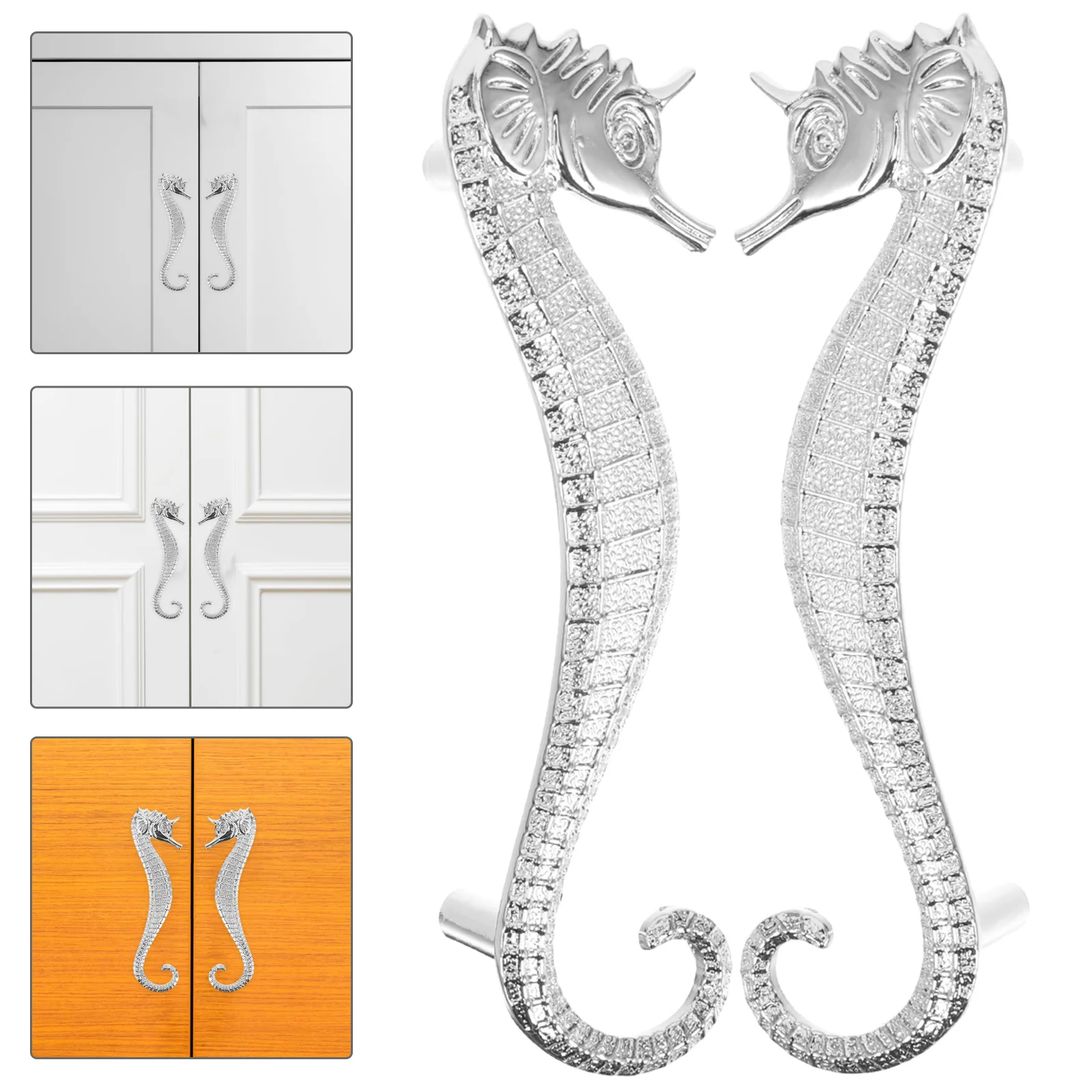 2 Pcs Door Handle Seahorse Wardrobe Handles Kitchen Pulls for Cabinets Dresser Beach Closet Silver Drawer