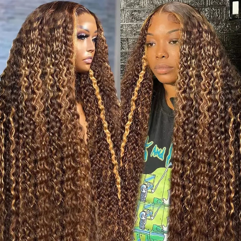 

T Part Human Hair Lace Frontal Deep Wave Wigs Highlight Ombre Colored 4/27 Honey Brown Glueless Curly Human Hair Wigs For Women