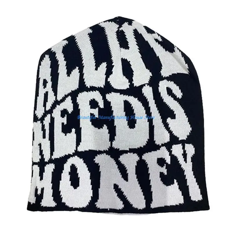 

E56A Y2K Need Is Money Knit Beanie Hat Grunge Beanie Slouchy Beanie Graphic Beanie Skullies Beanie Women Skull Cap