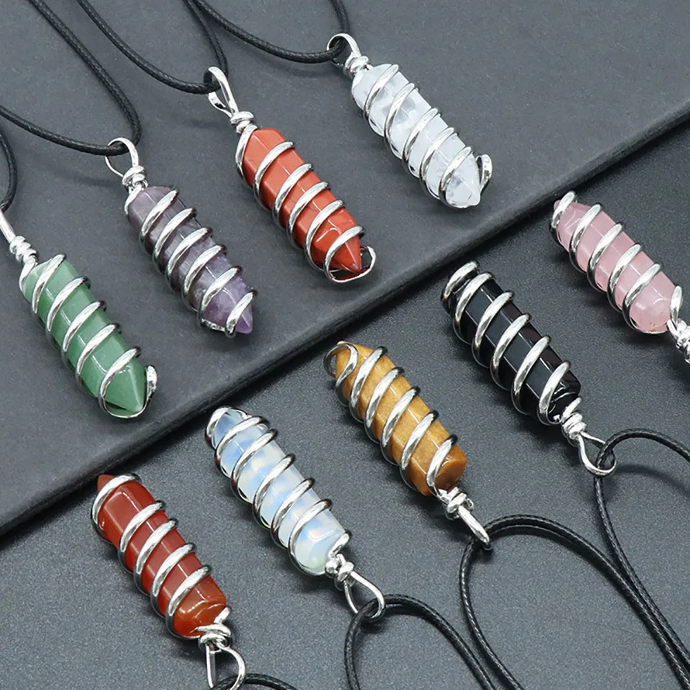Natural Stone Hexagonal Bullet Shape Pendant Wire Wrapped Healing Crystal Pointed  Agate Amethyst Rose Quartz Necklace for Women