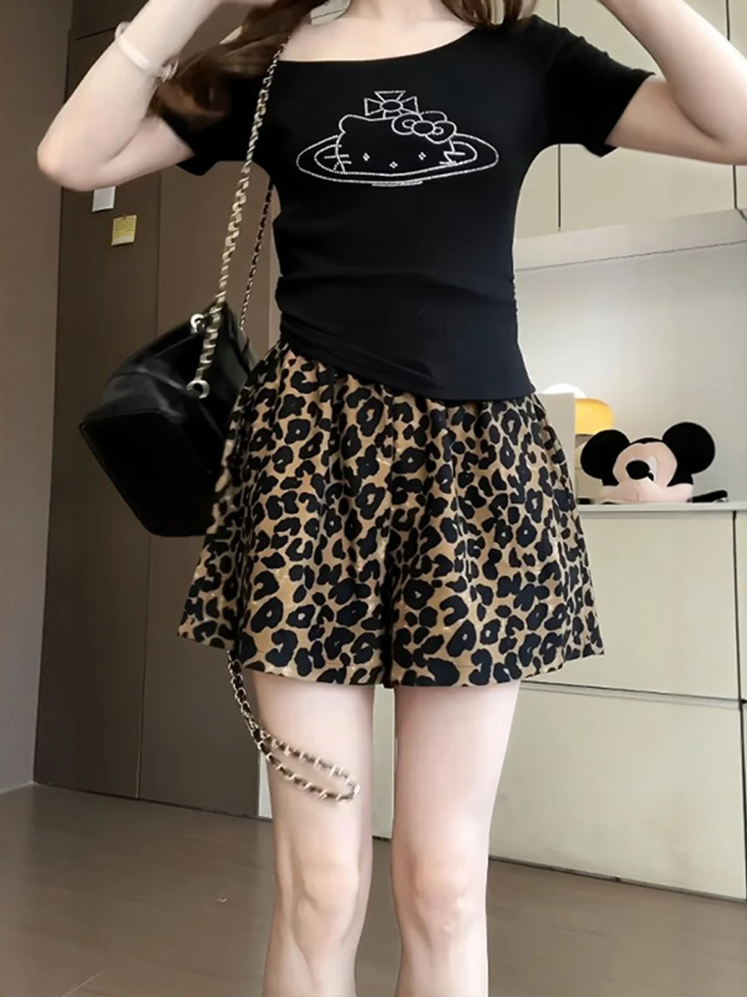 American Retro Leopard Print Casual Shorts Women's plus Size Summer Loose Wide Leg Pants High Waist Elastic Waistband