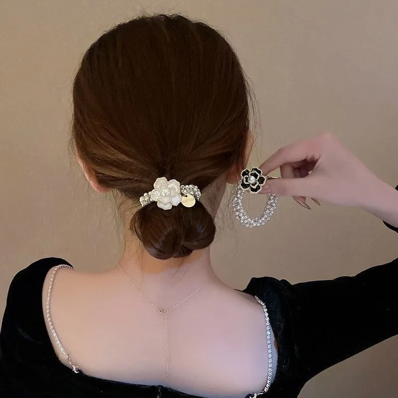 Women Accessories Hair Elegant Rhinestone Flower Hair Pearl Beaded Headwear Elastic Rope Ponytail Hair Handmade