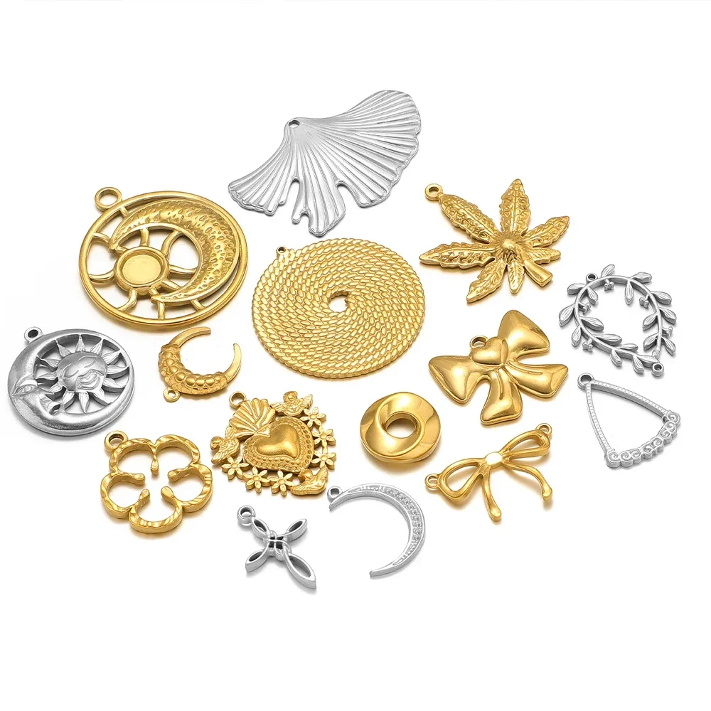 5pcs No Fade Stainless Steel Flowers Moon Charms Sweater Chain Pendants Bulk for DIY Earring Necklace Jewelry Making Supplies