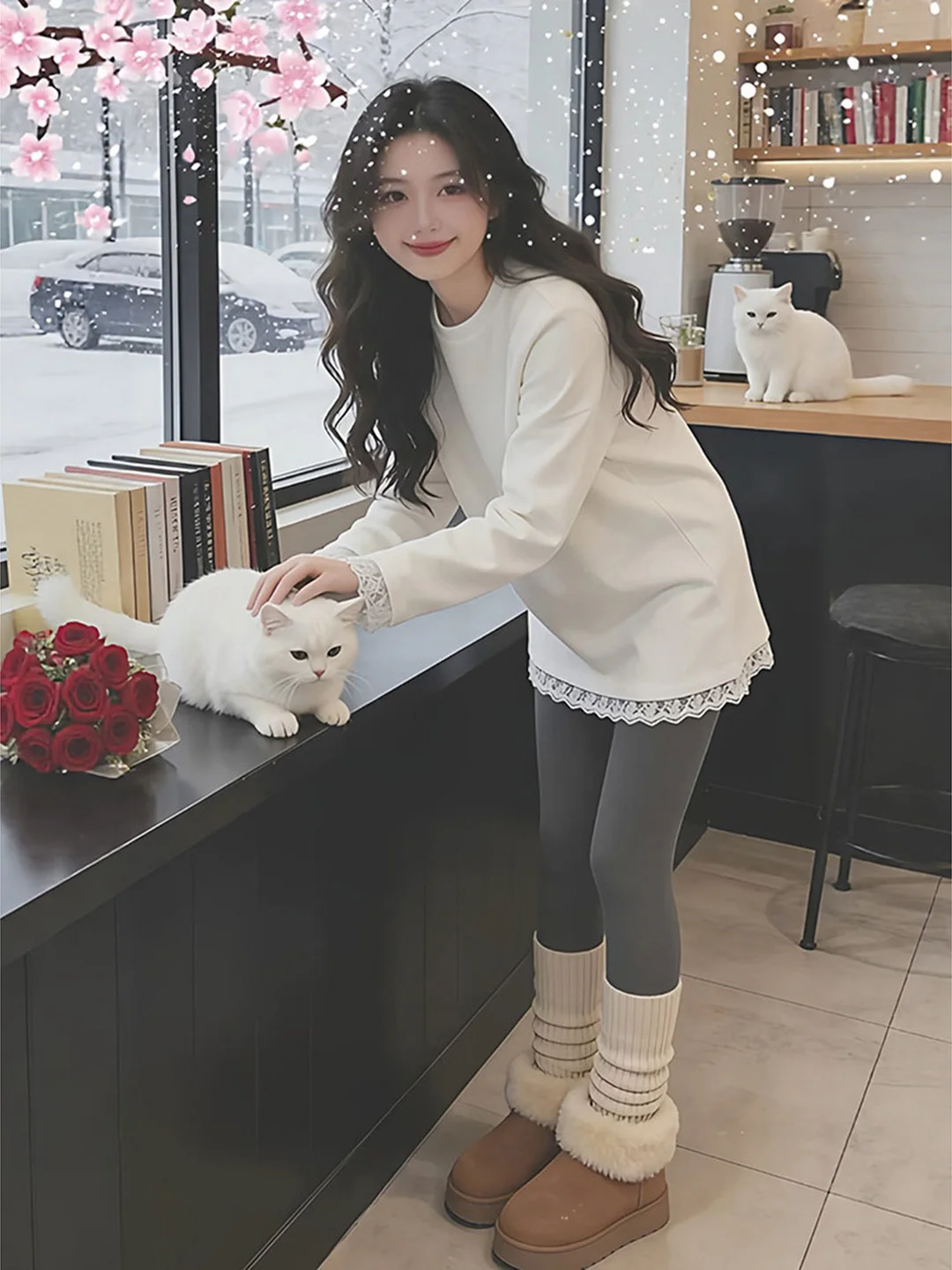 White Lace Splice Fleece Long Sleeve T-Shirt Women's Spring Autumn Winter Loose Versatile Butt Covering Inner Wear Top