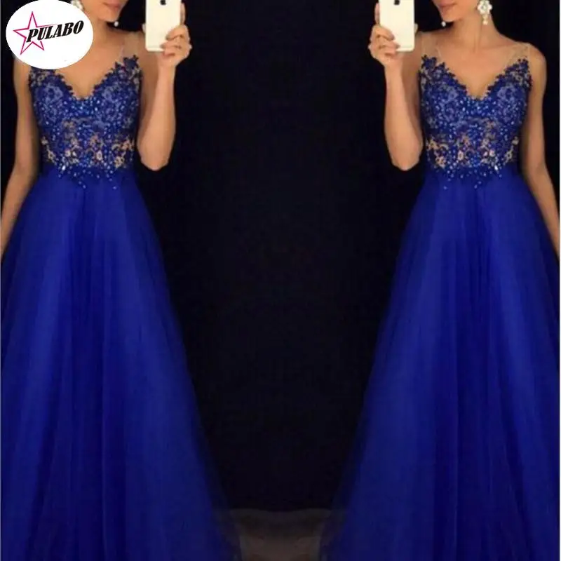 PULABO Elegant Royal Blue Scoop Lace Sqeuined Long Dresses For Wedding Party Summer Prom Evening Gowns Maxi Dresses Vestidos